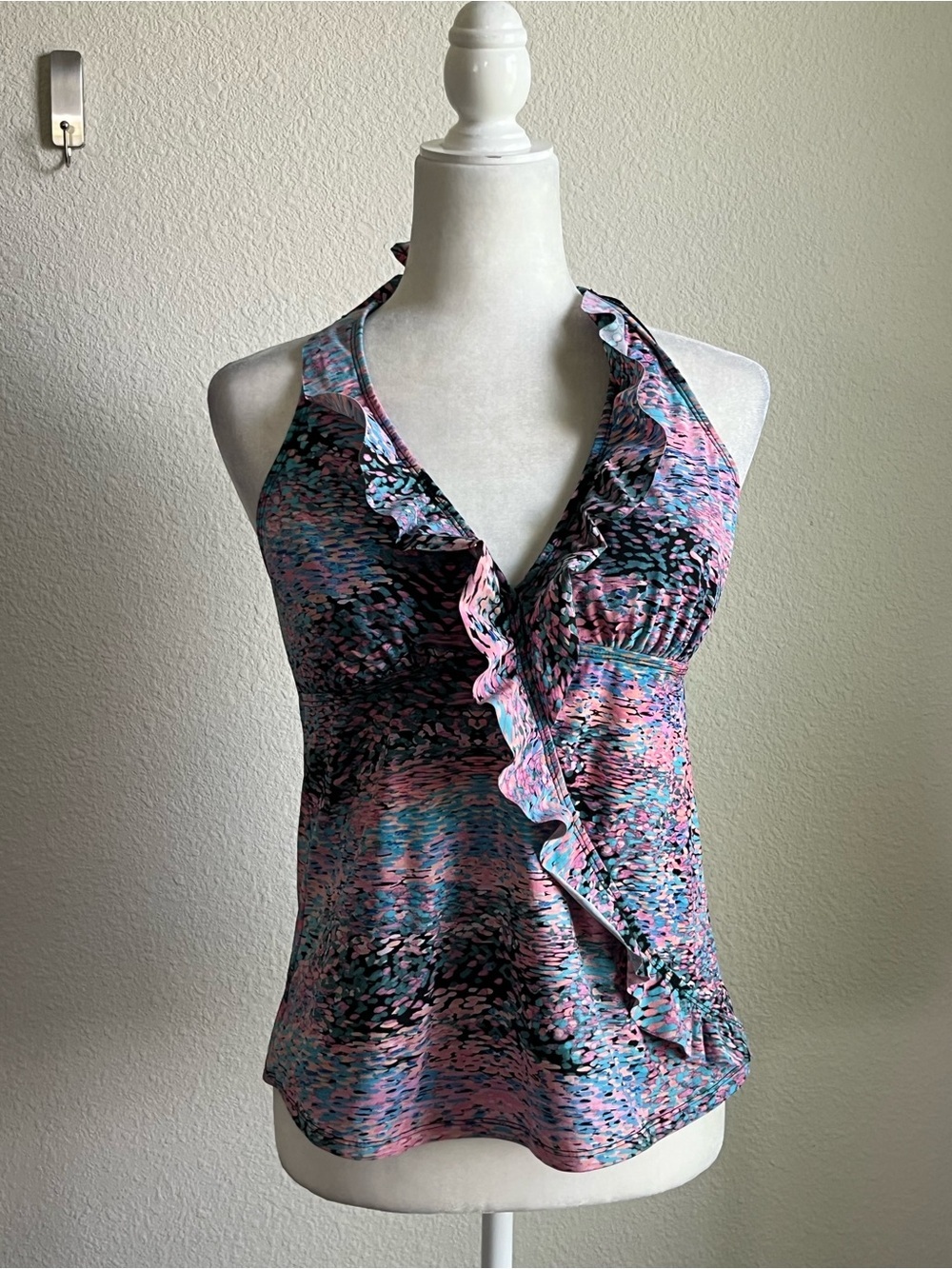 ASSETS by Sara Blakely Spanx Pink & Blue Ruffle Halter Swim Tankini Bathing Suit